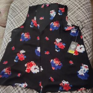 NWT Vince Camuto Black Top with Red and Blue Floral Design